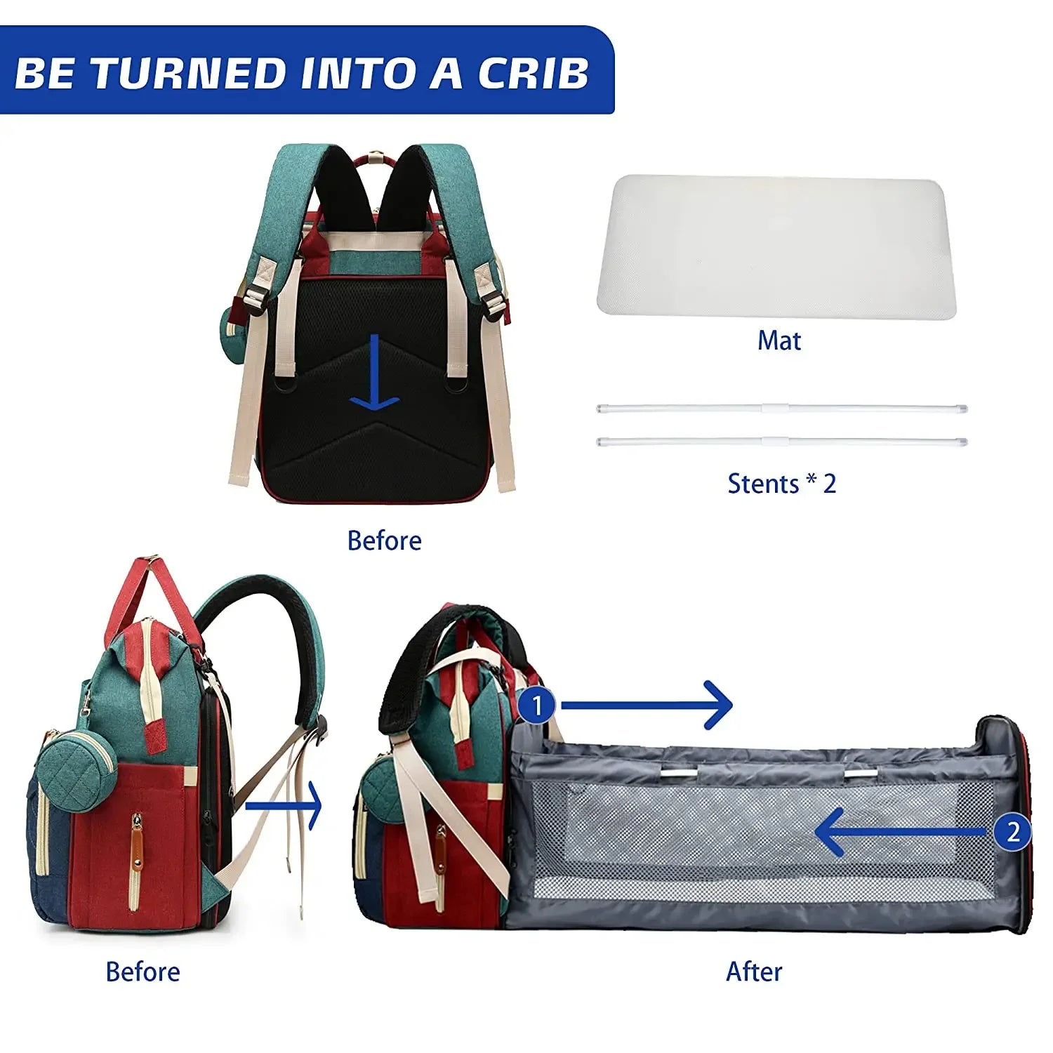 3-in-1 Diaper Backpack with Foldable Baby Bed & USB
