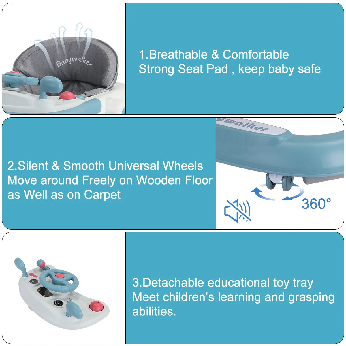 2-in-1 Baby Push Walker with Tray and Music
