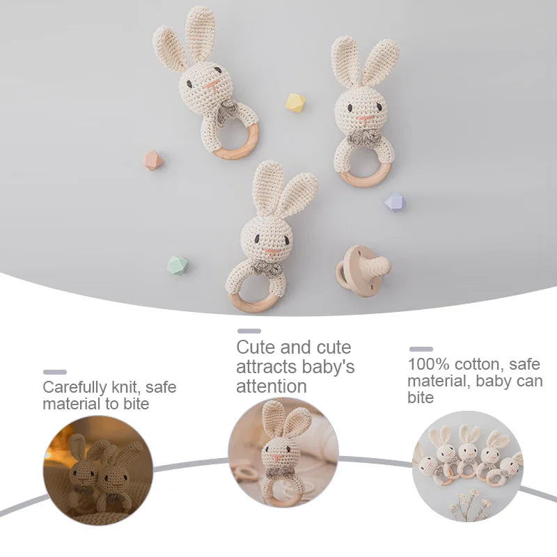 Soft Crochet Baby Rattle &amp; Wooden Teether